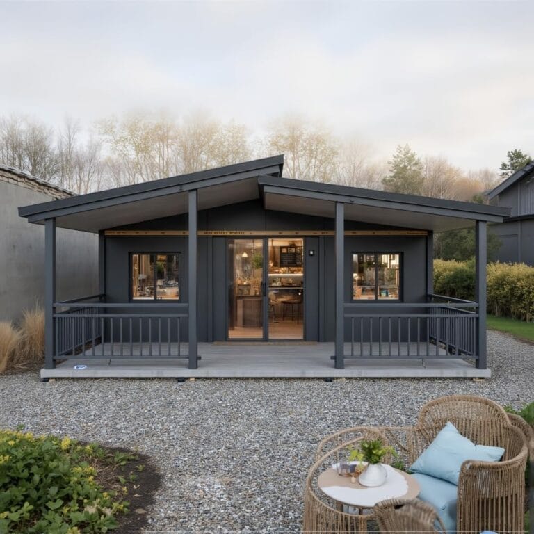 Front view of a modern dark gray cabin with a covered porch glass doors and a gravel yard wicker seating with blue cushions in the foreground