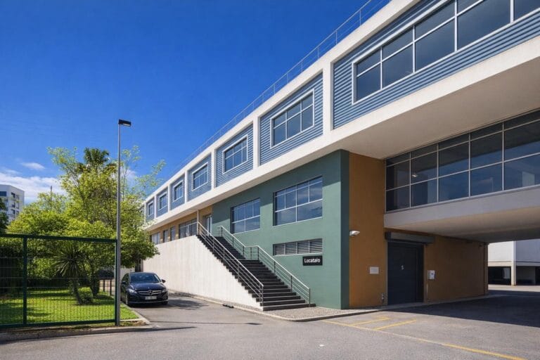 Modern two story office building with green and mustard walls a wide staircase and a parked car under a blue sky with a Locatário sign nearby