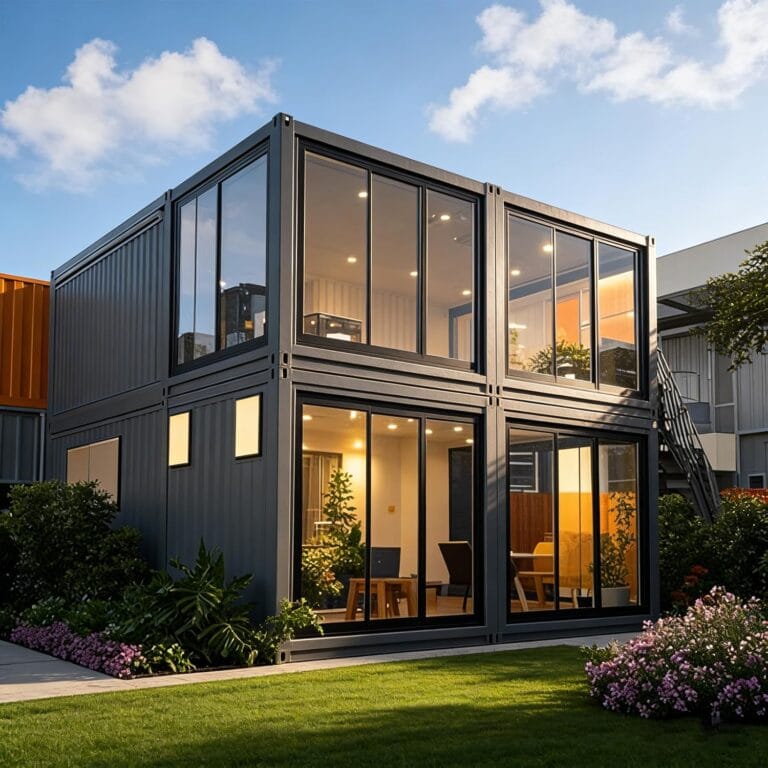 Two story dark modular building with large glass walls and warm interior lights set in a landscaped garden at dusk