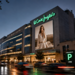Nighttime exterior of El Corte Inglés with a large billboard of a woman in a beige dress and passing car lights on a wet street