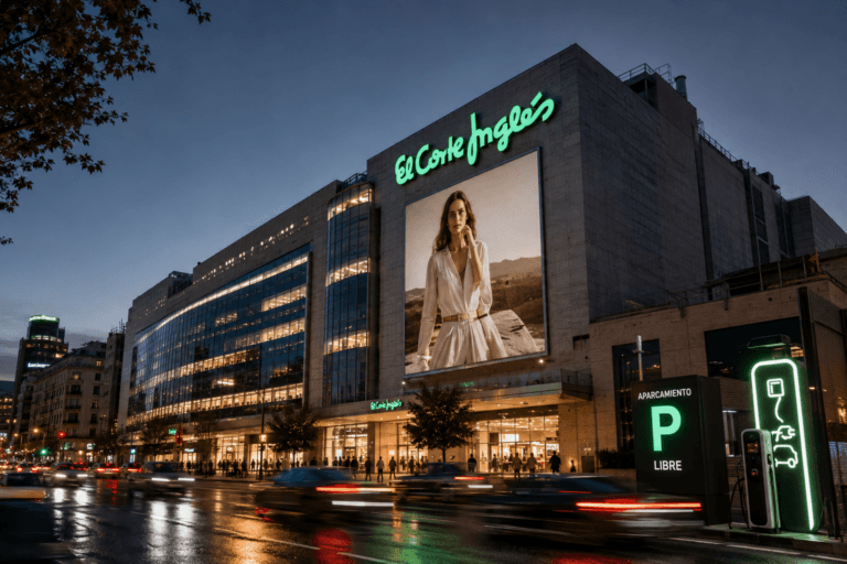 Nighttime exterior of El Corte Inglés with a large billboard of a woman in a beige dress and passing car lights on a wet street