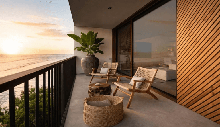 Balcony seating area overlooking the ocean at sunset with woven rattan chairs and a large potted plant by sliding glass doors