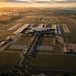 Aerial view of a large airport at sunset showing two parallel runways and a central terminal with surrounding buildings