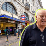 Smiling older man in a black shirt in the foreground outlined in bright yellow with Baker Street Underground station and a busy city street behind him