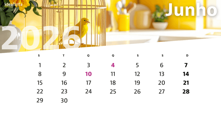 June calendar page over a bright yellow kitchen background featuring a yellow bird inside a cage calendar dates arranged in a grid with the 4th 10th and 14th highlighted in magenta
