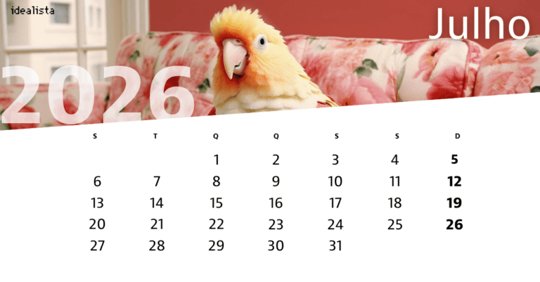 Calendar page for July 2026 featuring a parrot on a floral sofa with Julho in the corner and a large 2026 watermark