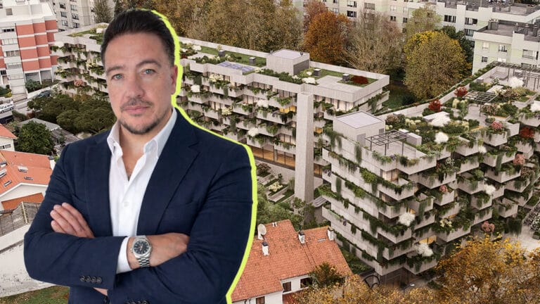 Businessman in a navy suit with arms crossed neon outline set against a green roofed apartment building backdrop