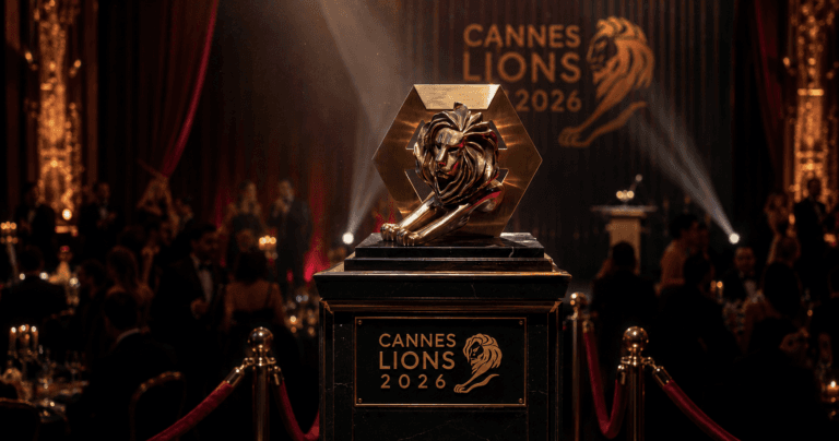 Golden Cannes Lions trophy on a black marble pedestal Cannes Lions 2026 displayed in gold with a lion emblem in a dim elegant gala hall
