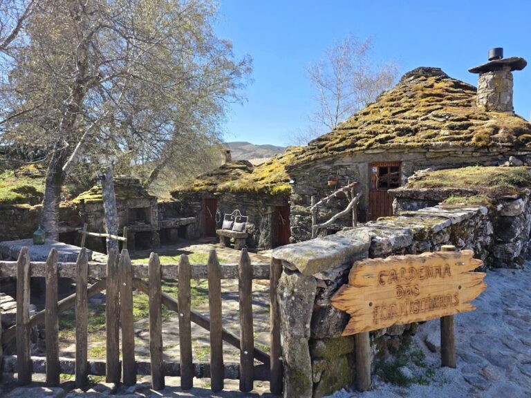 Rustic stone cottage with a mossy roof and a wooden picket gate in a sunny garden setting with bare trees nearby