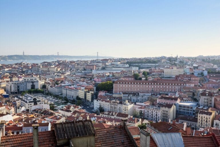 Panoramic view of a dense city with red tiled roofs a wide river to the left and a distant suspension bridge under a clear blue sky daytime