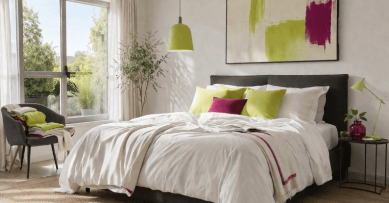 Bright modern bedroom with a white duvet lime green and magenta pillows dark headboard green pendant light abstract art and a leafy plant by a large window