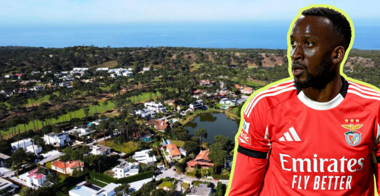 Aerial view of a coastal residential area with houses trees and a small lake plus a large cutout of a footballer in a red Benfica jersey on the right outlined in yellow