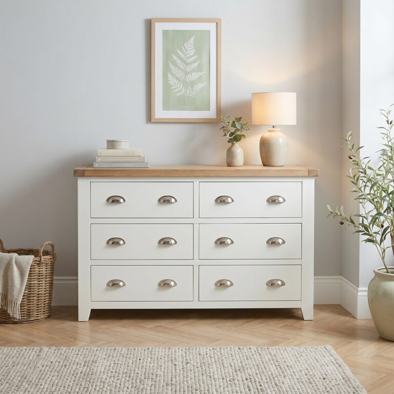 White dresser with a wooden top three by three drawers and chrome handles in a light filled room