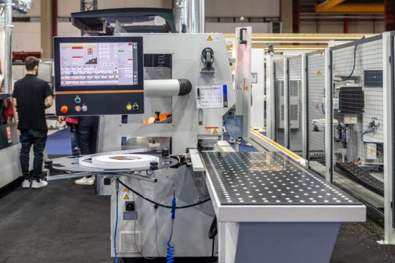 Industrial manufacturing machine with a touchscreen control panel and a conveyor on a factory floor