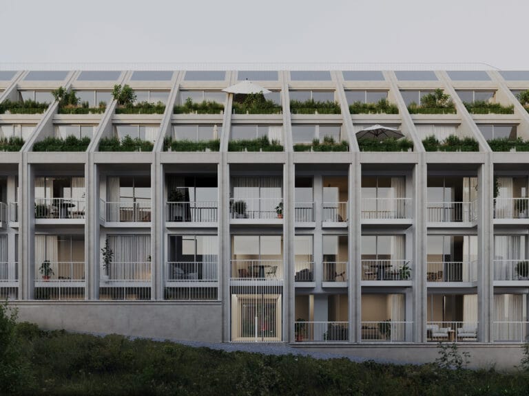 Modern apartment building facade with stacked balconies each filled with plants and patio furniture