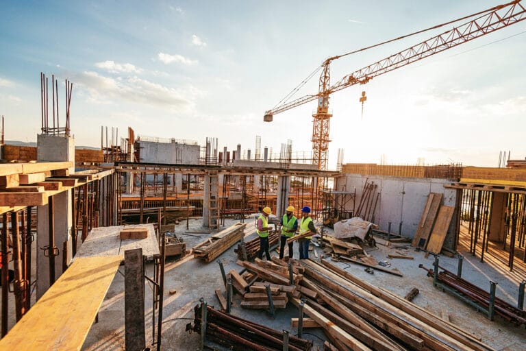 Construction site scene with a large crane overhead concrete forms and workers in hard hats and reflective vests nearby