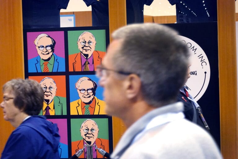 Pop art collage of elderly man portraits in bright colors on a dark panel with people walking by