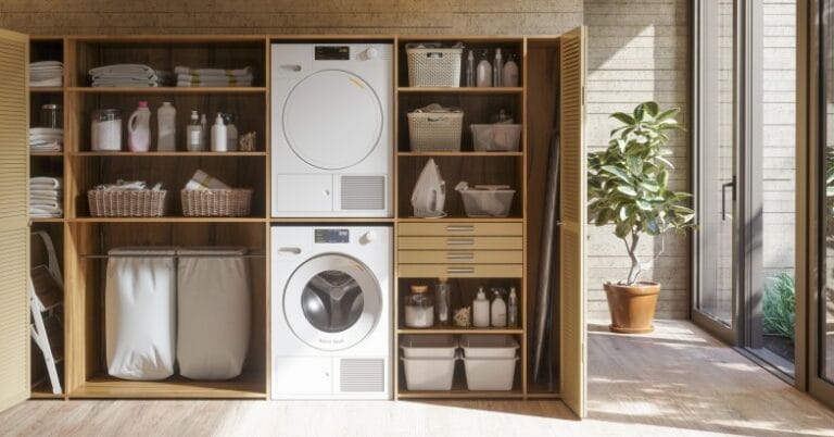 Wooden laundry closet with a front loading washer and a matching dryer surrounded by shelves with baskets and laundry supplies