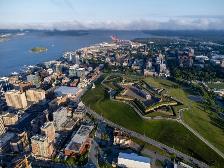 Aerial view of a coastal city with a star shaped fortress on a grassy hill amid modern buildings and a nearby harbor