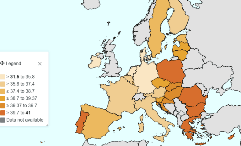 Choropleth map of Europe with countries shaded in beige to dark orange legend on the left shows ranges data may be unavailable in some areas