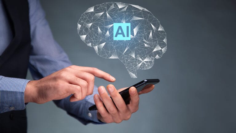 Person holding a smartphone with a glowing geometric AI brain hologram above the device