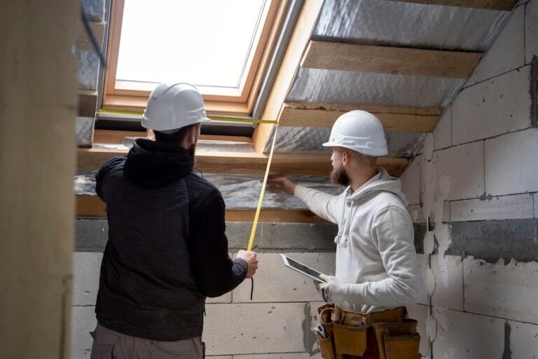 Two construction workers in hard hats measure a skylight opening in an unfinished attic using a tape measure between wooden beams