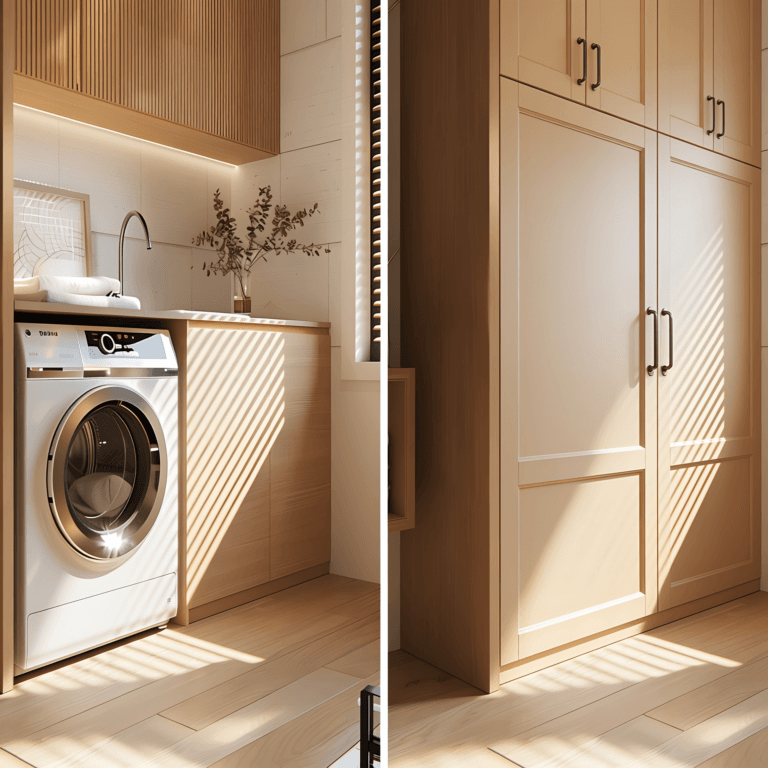 Modern laundry area with a front loading washing machine under a wooden counter white cabinets and a vase of greenery