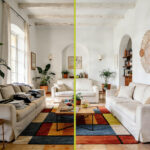 Living room with a bright yellow divider running from floor to ceiling between two white sofas and a colorful geometric rug