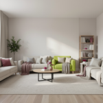 Bright modern living room with beige sofas a lime green armchair and a round wooden coffee table by a sunlit window