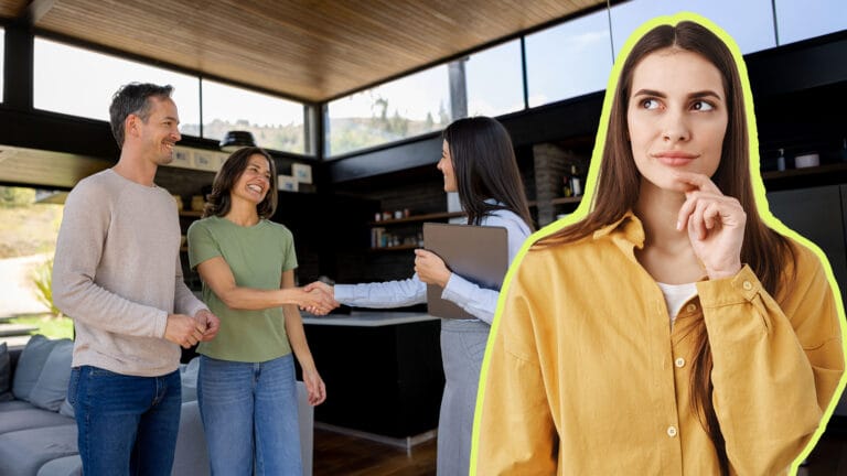 Three coworkers shake hands and smile in a modern workspace a highlighted portrait of a woman in a yellow shirt appears on the right
