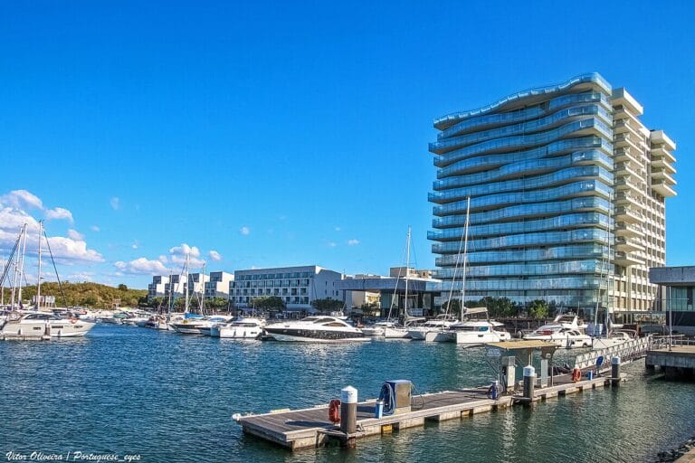 Marina scene with moored yachts and a curved glass faced residential tower on the waterfront under a clear blue sky