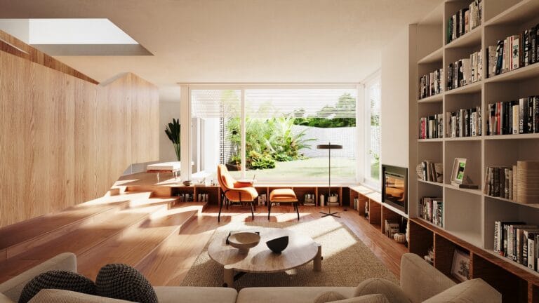 Bright modern living room with large windows overlooking a garden built in wooden seating and a tall bookcase along the wall for storage and display work