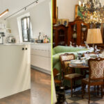 Split image showing a modern white kitchen on the left and a vintage antique dining room on the right