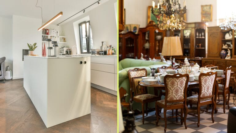 Split image showing a modern white kitchen on the left and a vintage antique dining room on the right