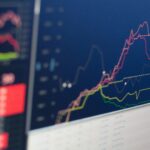 Close up of a monitor showing multiple colored stock charts with red yellow and green lines against a blue background