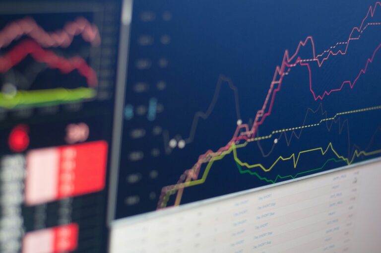 Close up of a monitor showing multiple colored stock charts with red yellow and green lines against a blue background