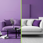 Split image showing a cluttered purple living room on the left and a clean white living room on the right separated by a neon divider