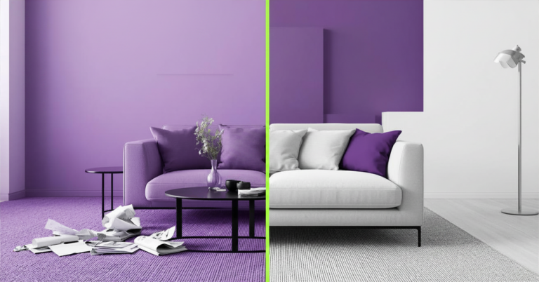 Split image showing a cluttered purple living room on the left and a clean white living room on the right separated by a neon divider