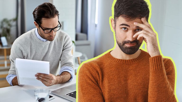 Two men in an office left man in glasses reads papers at a desk right man in an orange sweater looks stressed touching his forehead with a yellow outline around him