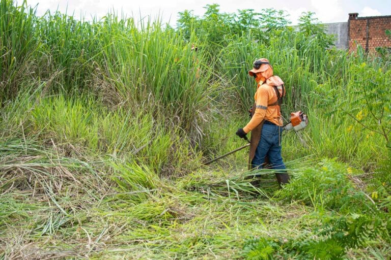 Worker in orange safety gear and helmet using a brush cutter to trim tall grass in an overgrown lot