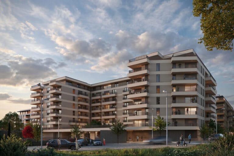Modern multi story apartment building with staggered balconies and people on the balconies and sidewalk urban residential sceneBut