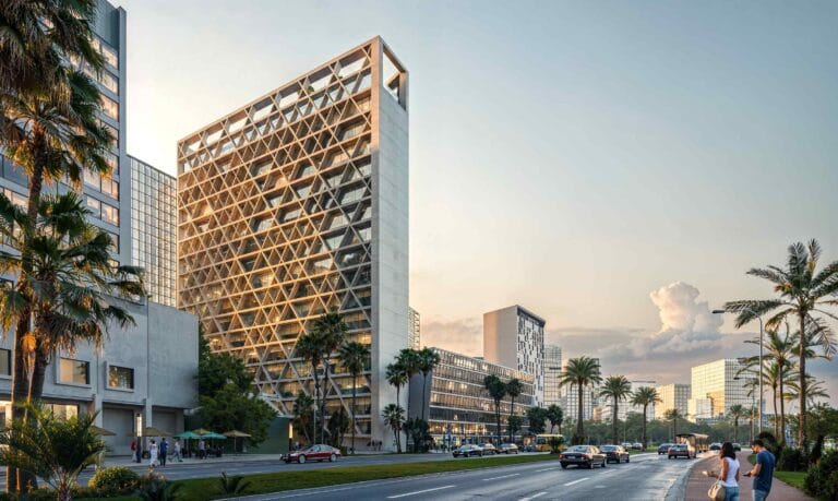 Modern urban scene featuring a large geometric lattice office building flanked by palm trees and a busy street with cars and pedestrians at duskearly evening