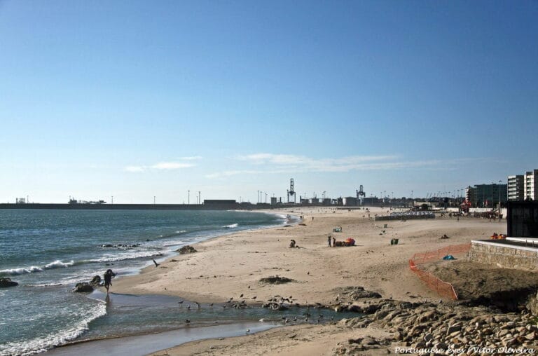 Wide beach scene under a clear blue sky with people sunbathing and walking along the shore and distant buildings on the horizon