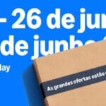 Amazon Prime Day banner dates 2326 de junho on a blue background with a cardboard box in the foreground
