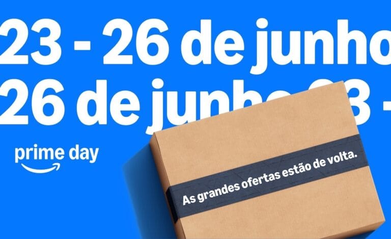 Amazon Prime Day banner dates 2326 de junho on a blue background with a cardboard box in the foreground