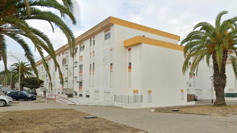 White apartment building with yellow accents along a palm lined street cars parked nearby and a paved walkway in front