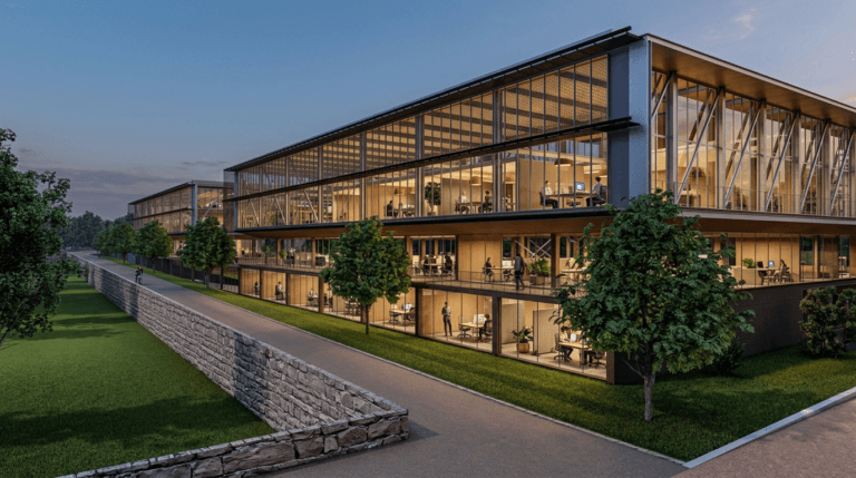 Modern glass front office building at dusk with illuminated interiors and people working inside visible through large windows