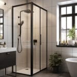 Modern bathroom with a glass framed shower white sink vanity and a large window bringing in natural light