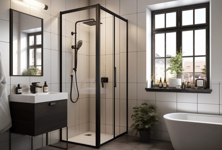Modern bathroom with a glass framed shower white sink vanity and a large window bringing in natural light
