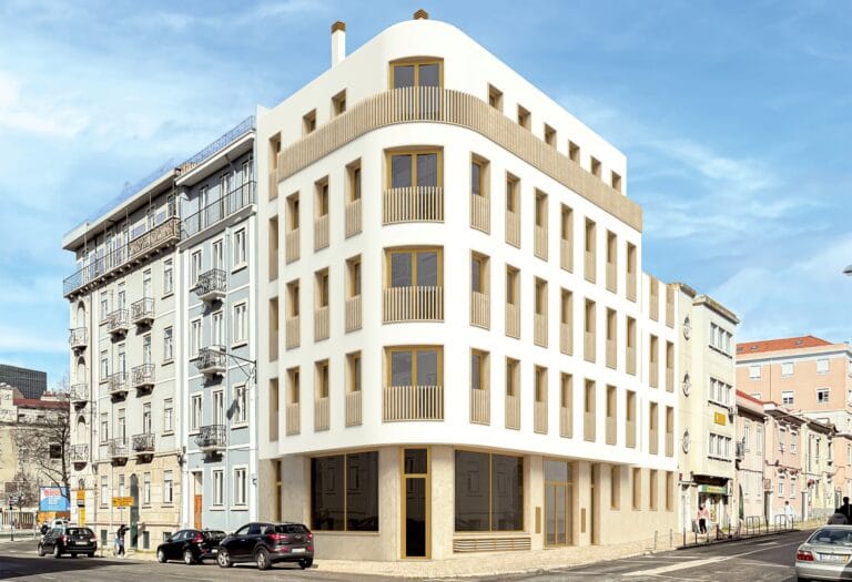 White modern corner building with curved wooden balconies on a sunny urban street scene